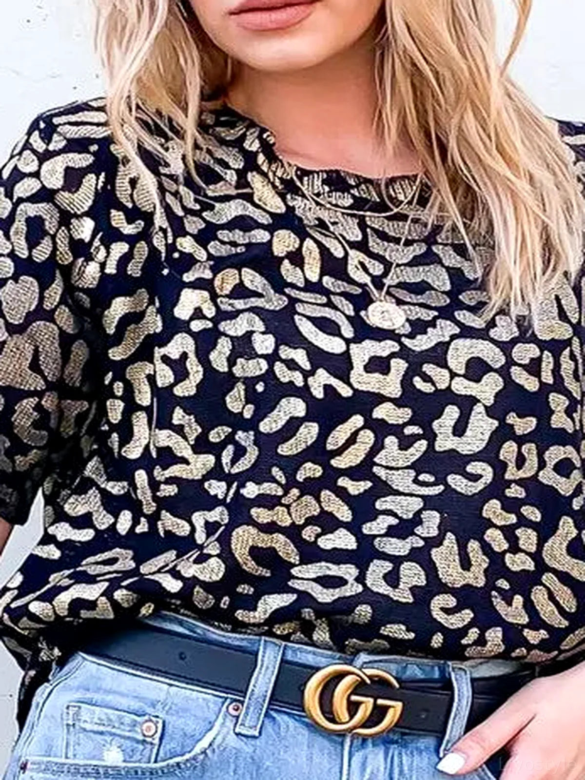 Leopard Foil Print Half Sleeve Crew Neck Sweater