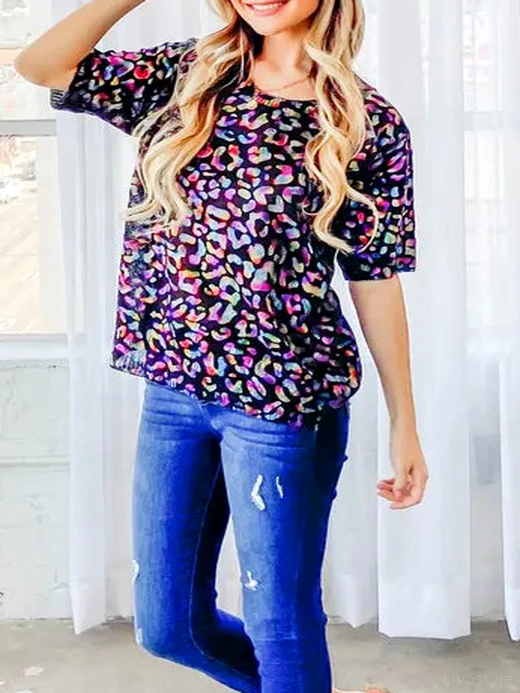Leopard Foil Print Half Sleeve Knit Sweater