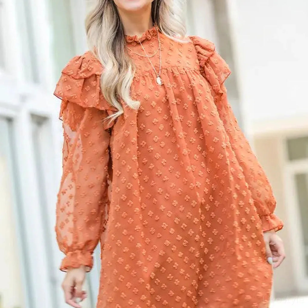 Textured Woven Mock Neck Mini Dress with Ruffle Shoulder