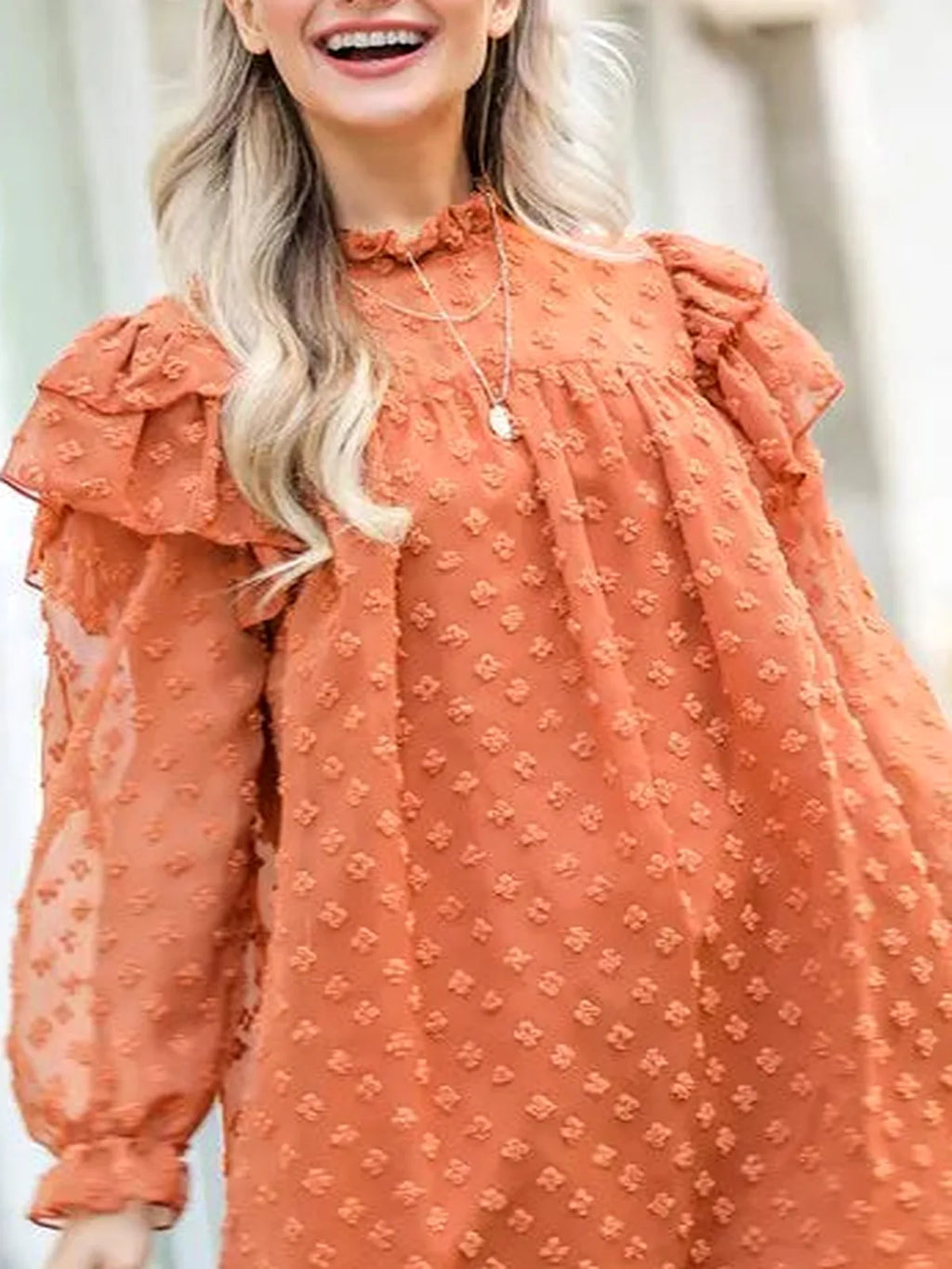 Textured Woven Mock Neck Mini Dress with Ruffle Shoulder