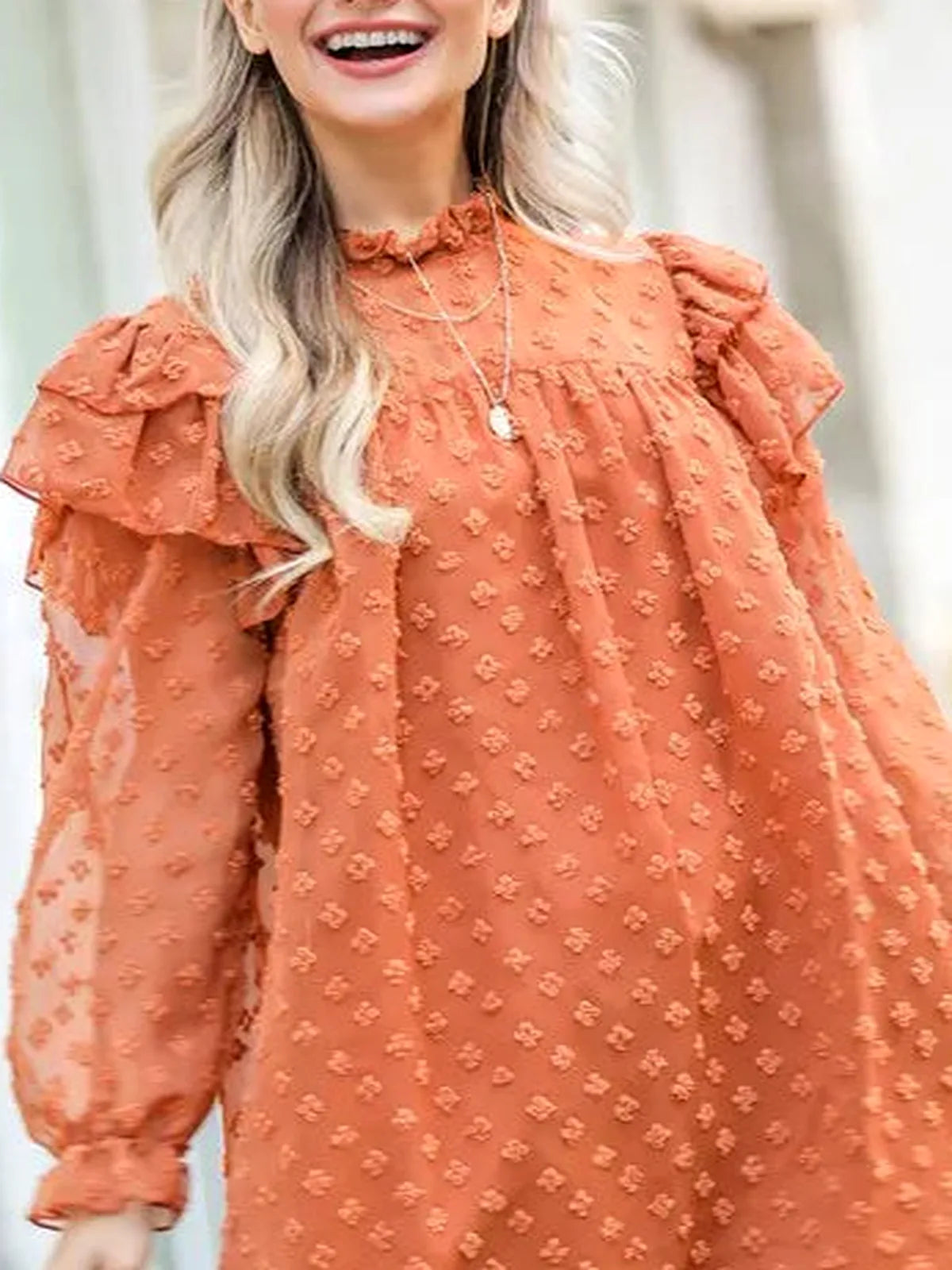 Textured Woven Mock Neck Mini Dress with Ruffle Shoulder