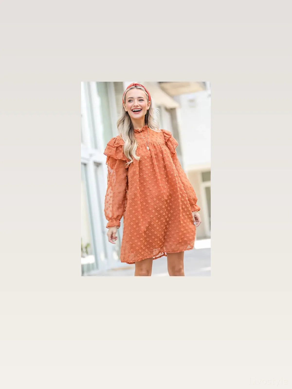 Textured Woven Mock Neck Mini Dress with Ruffle Shoulder