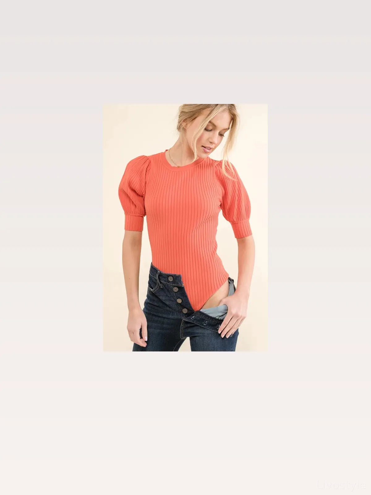 Coral Ribbed Bodysuit with Puffed Half Sleeves