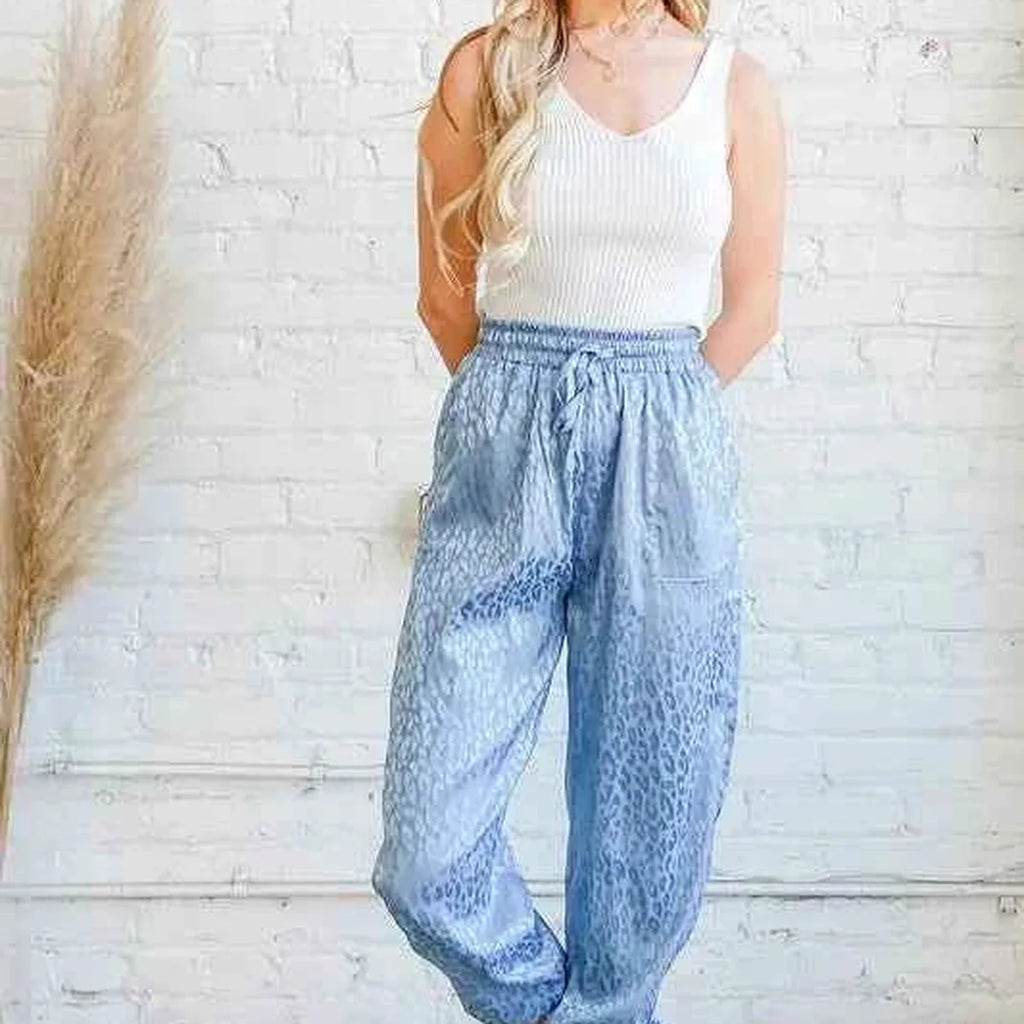 Pale Blue Satin Leopard Print Joggers