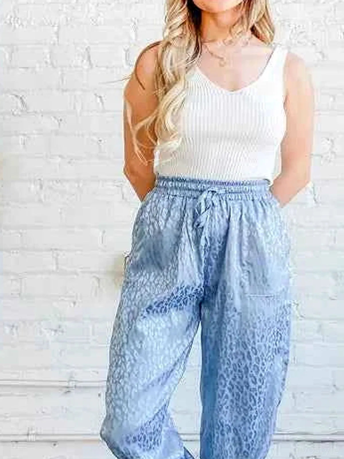 Pale Blue Satin Leopard Print Joggers