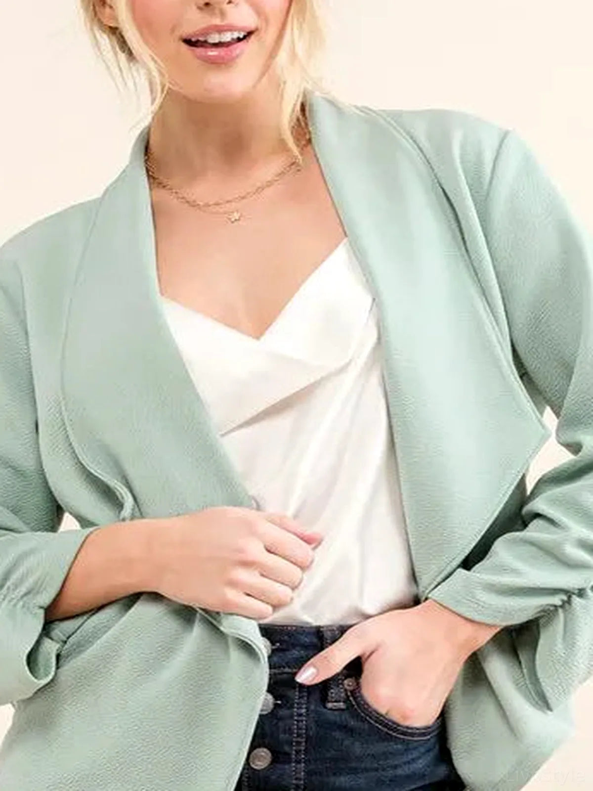 Wrinkle-Resistant Open-Front Blazer with Ruched Sleeves