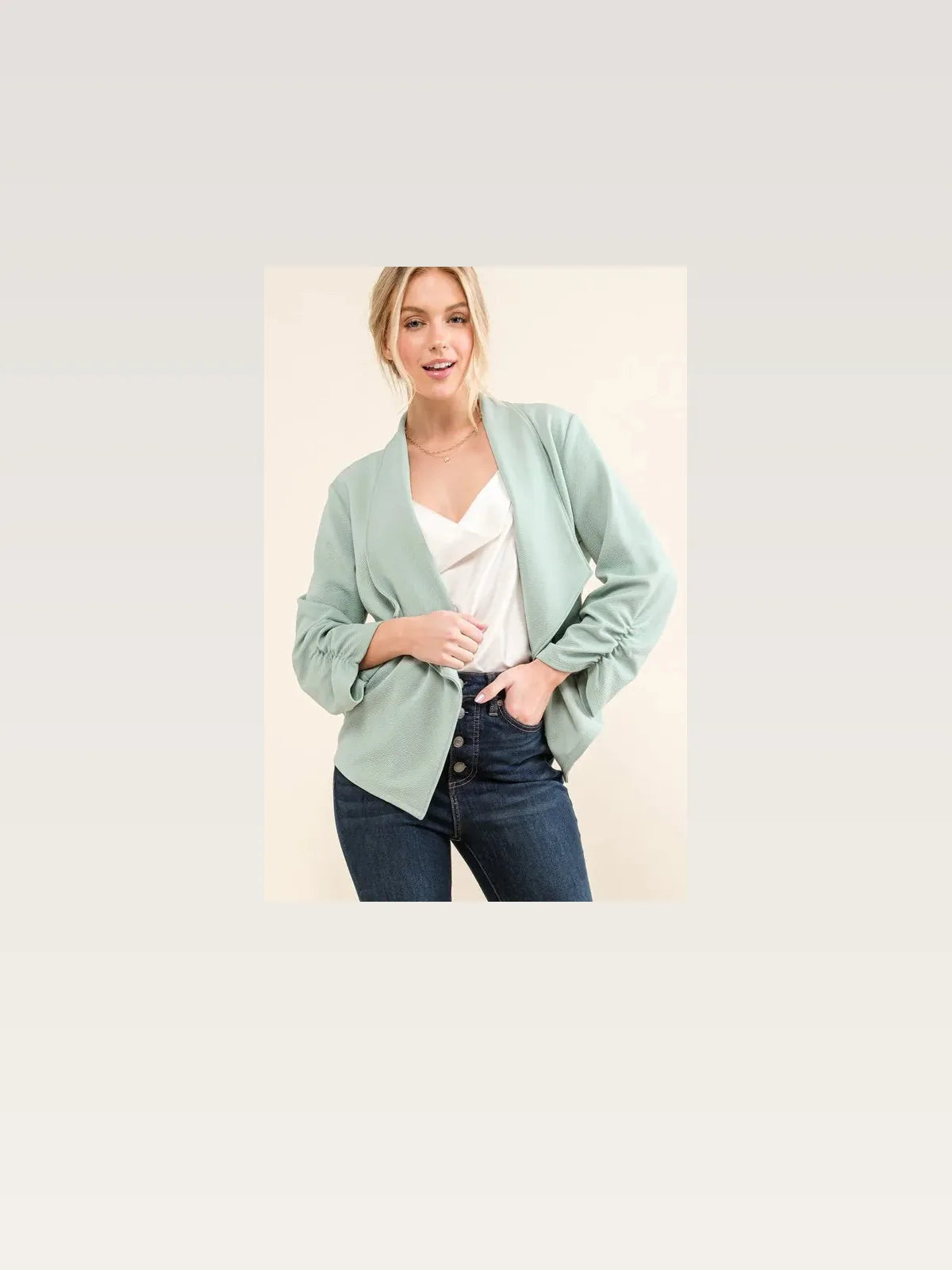 Wrinkle-Resistant Open-Front Blazer with Ruched Sleeves