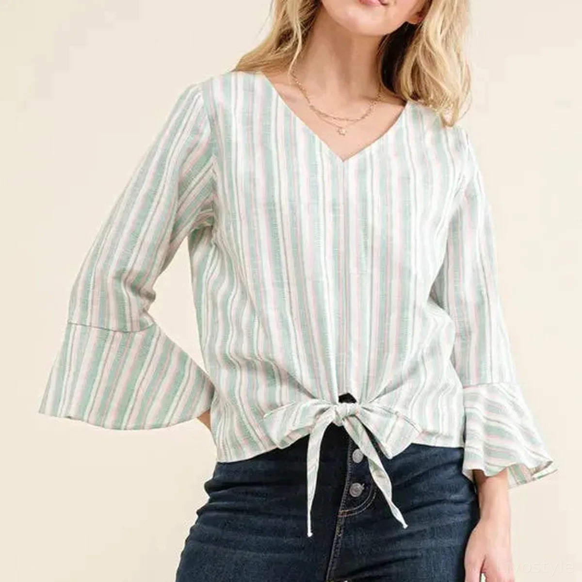 Striped Bell Sleeve Top with Tie Knot Front