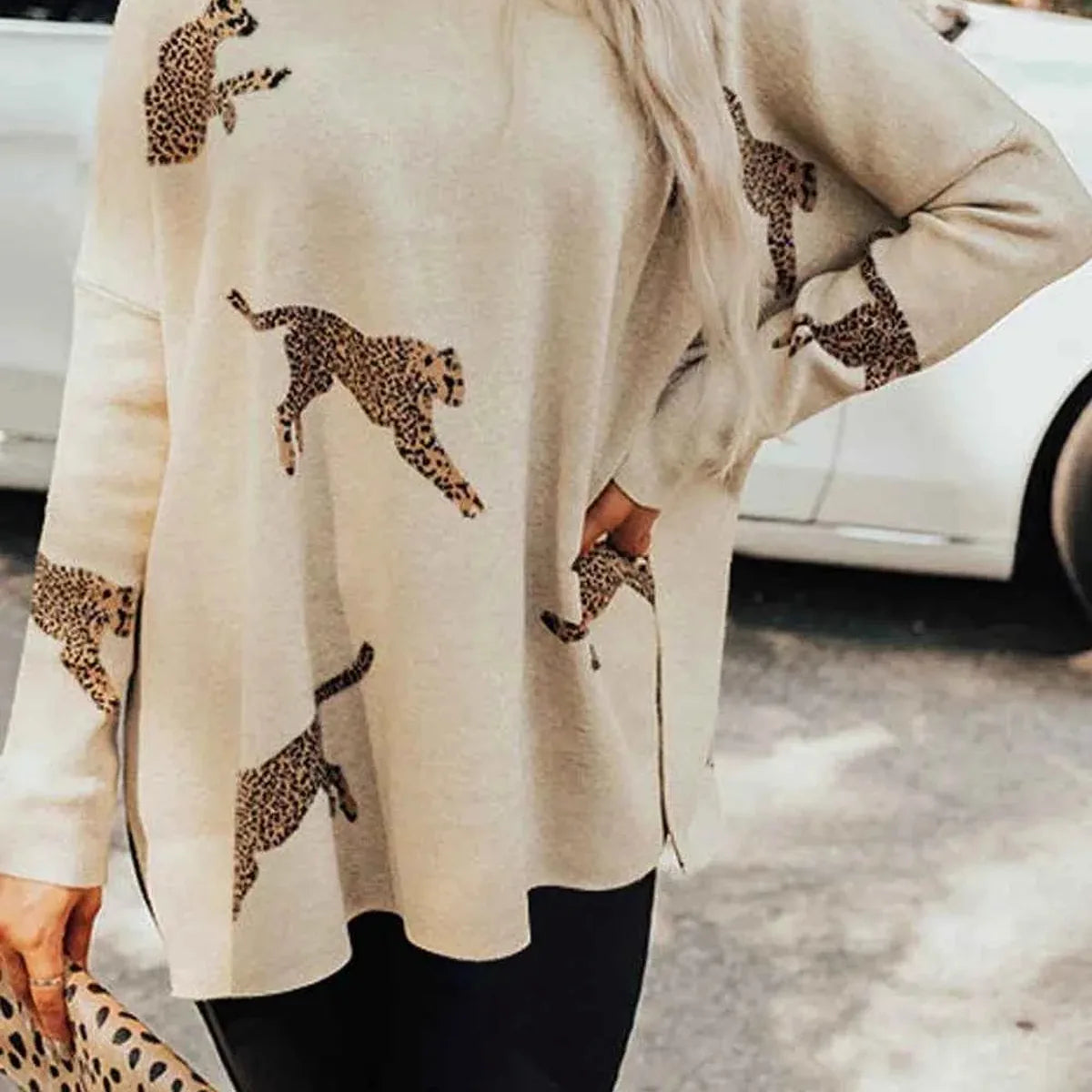 Animal Pattern Mock Neck Long Sleeve Sweater with Side Slits