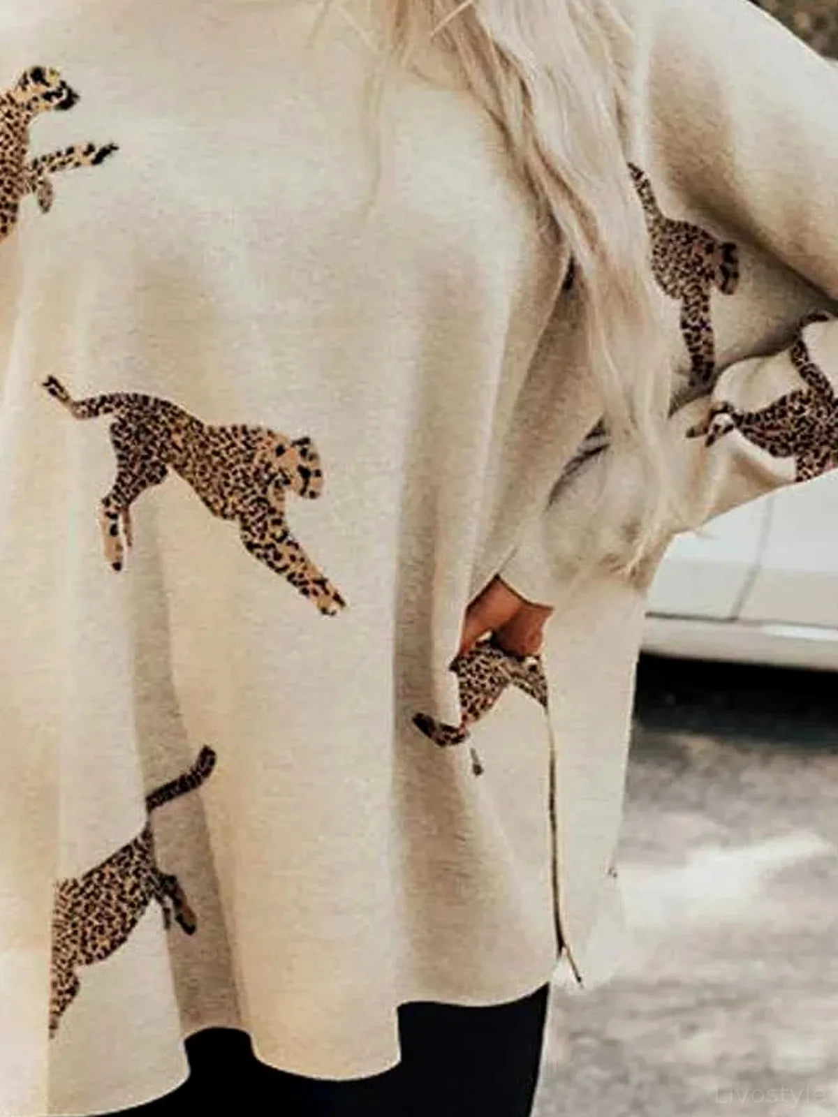 Animal Pattern Mock Neck Long Sleeve Sweater with Side Slits
