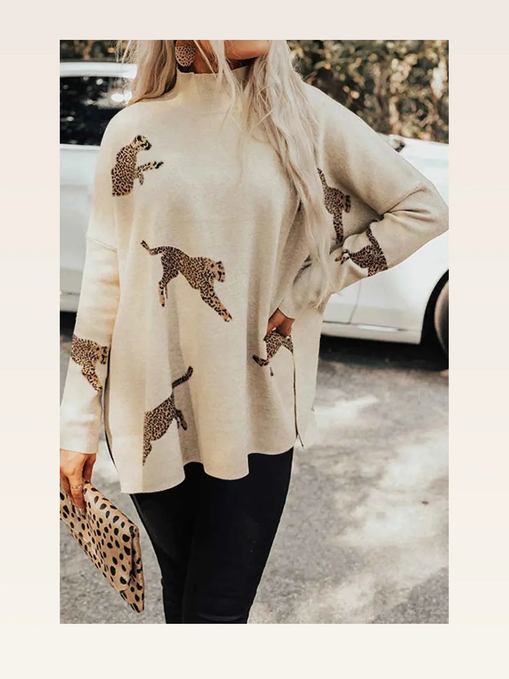 Animal Pattern Mock Neck Long Sleeve Sweater with Side Slits