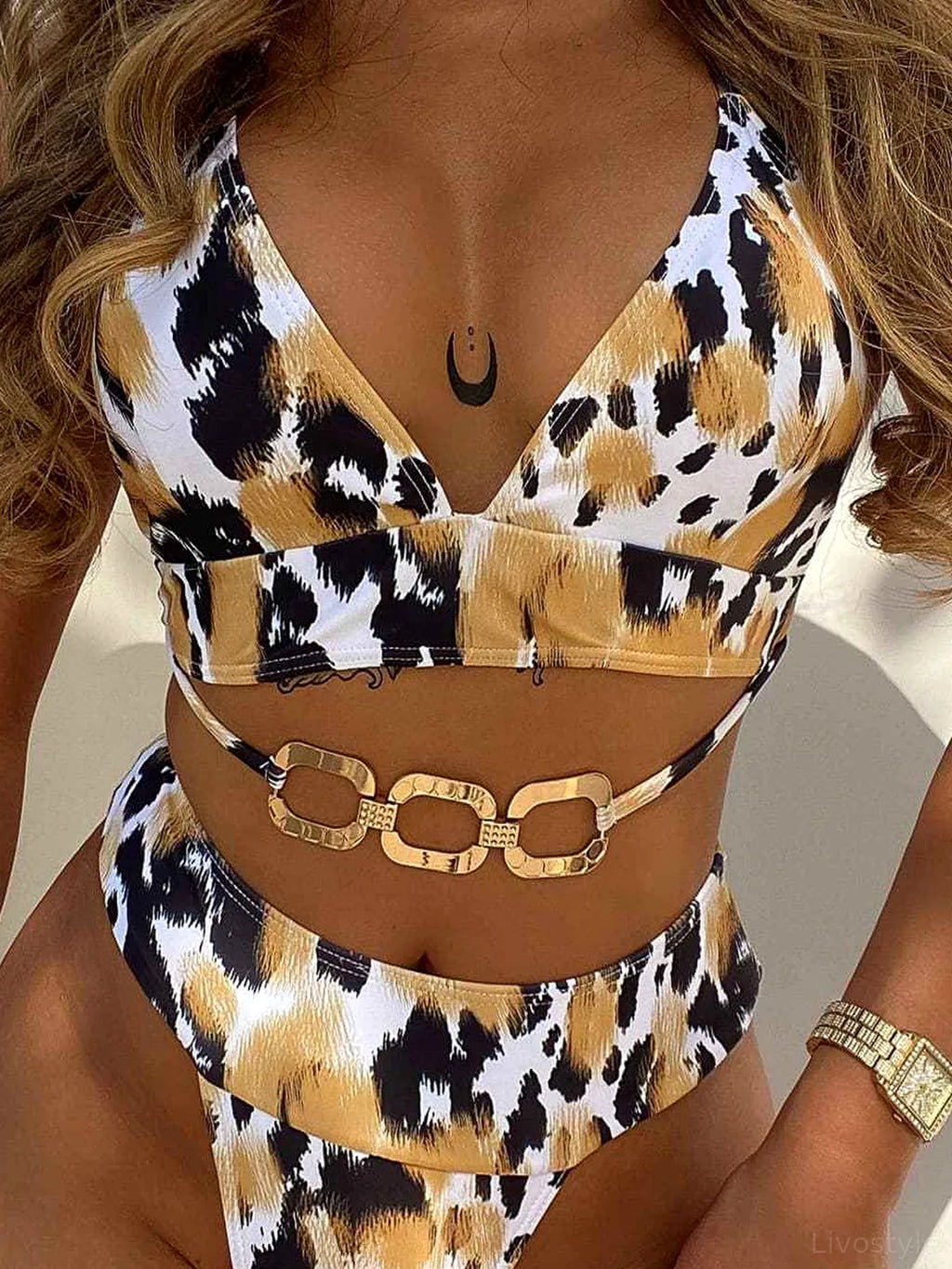 Animal Print Halter Neck Bikini Set with Gold Chain Detail