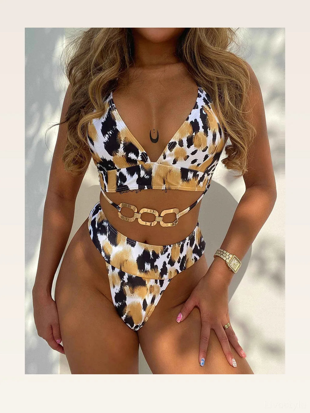 Animal Print Halter Neck Bikini Set with Gold Chain Detail