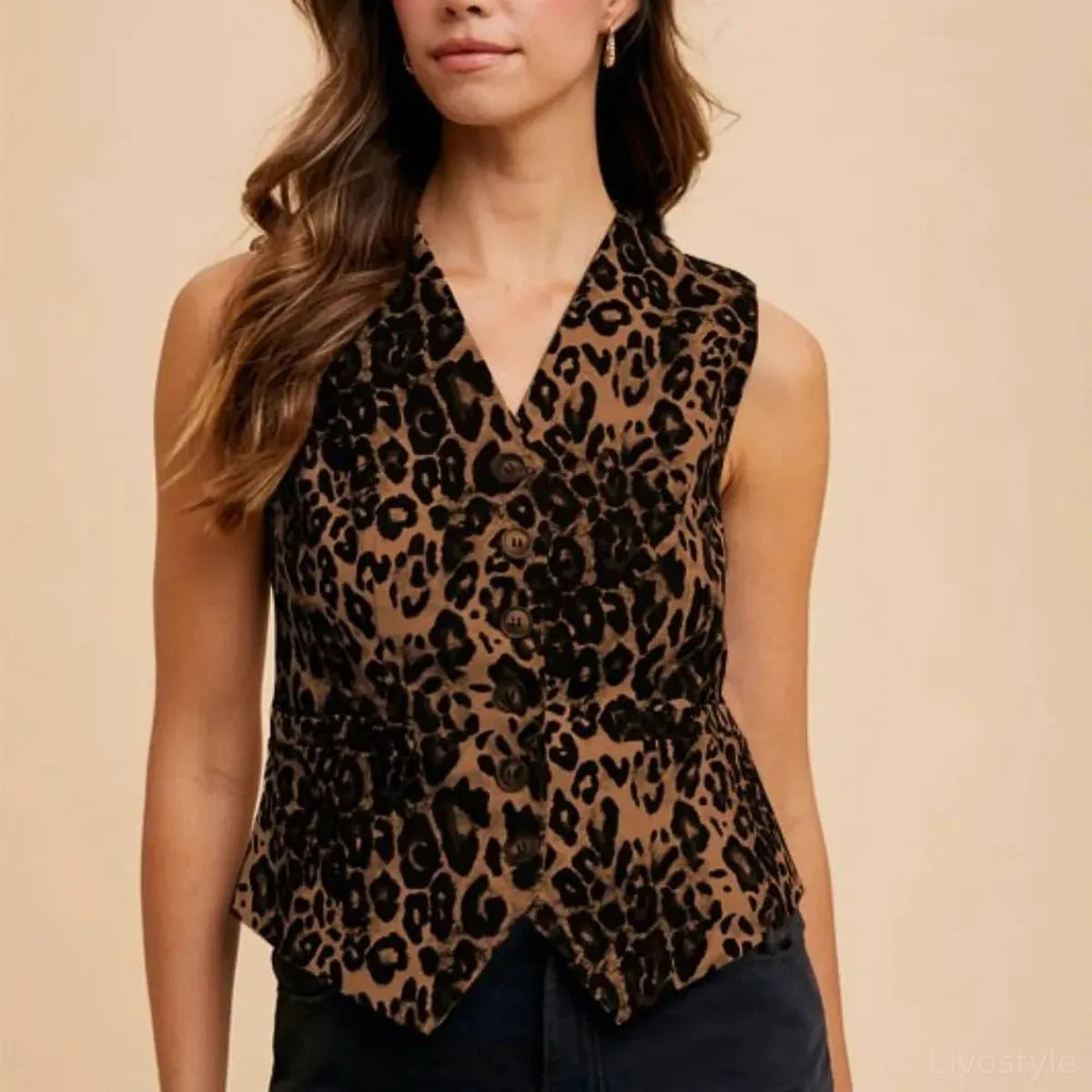 Stretch Leopard Denim Button Down Vest