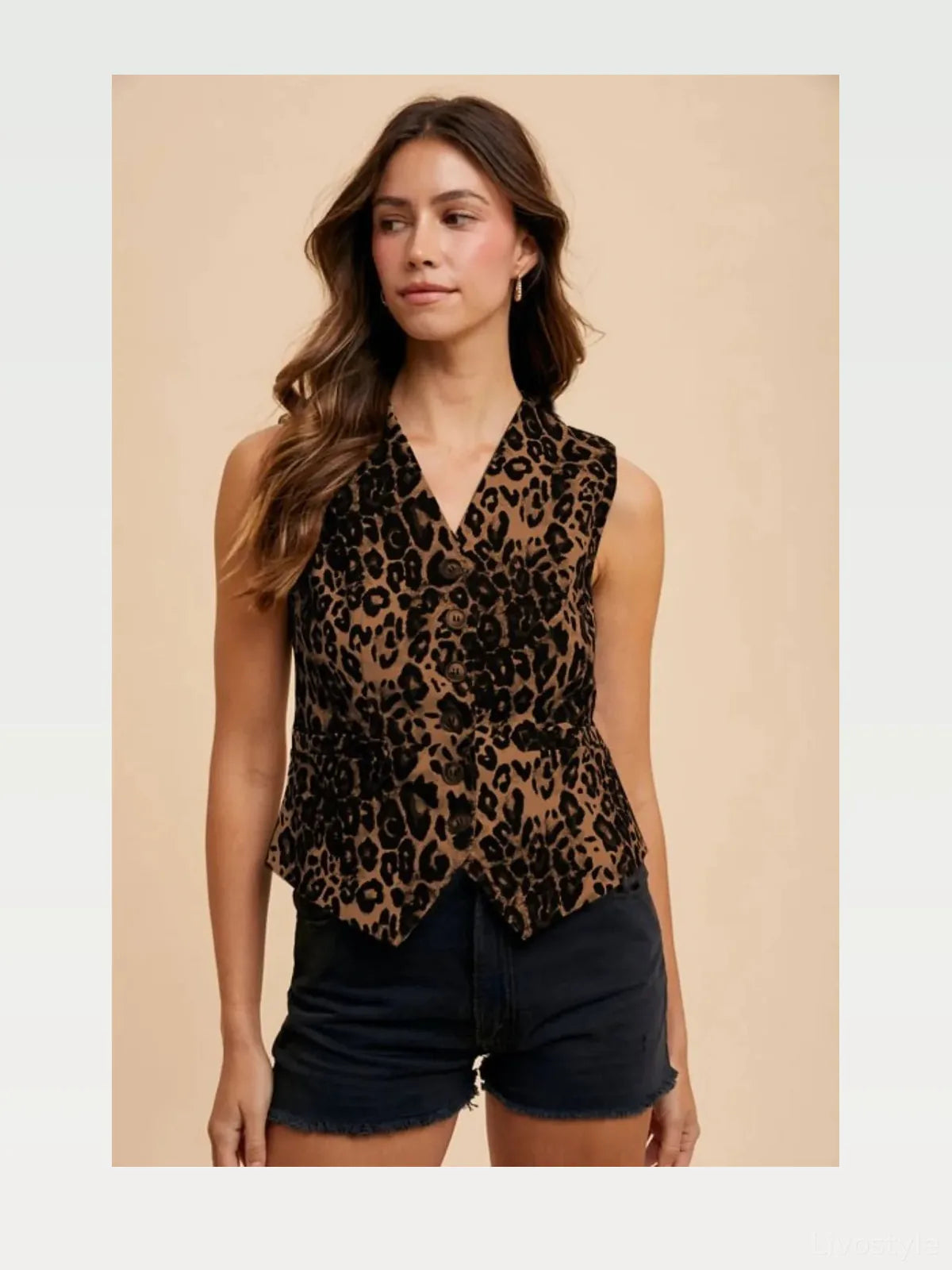 Stretch Leopard Denim Button Down Vest