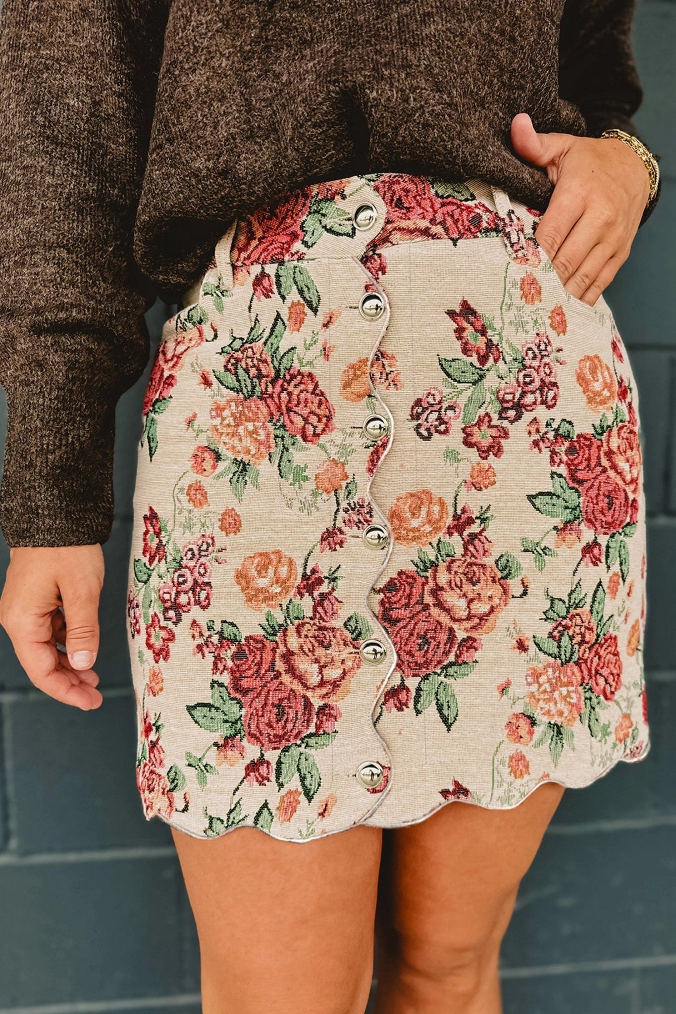 Apricot Buttoned Front Scalloped Trim Mini Jacquard Floral Skirt