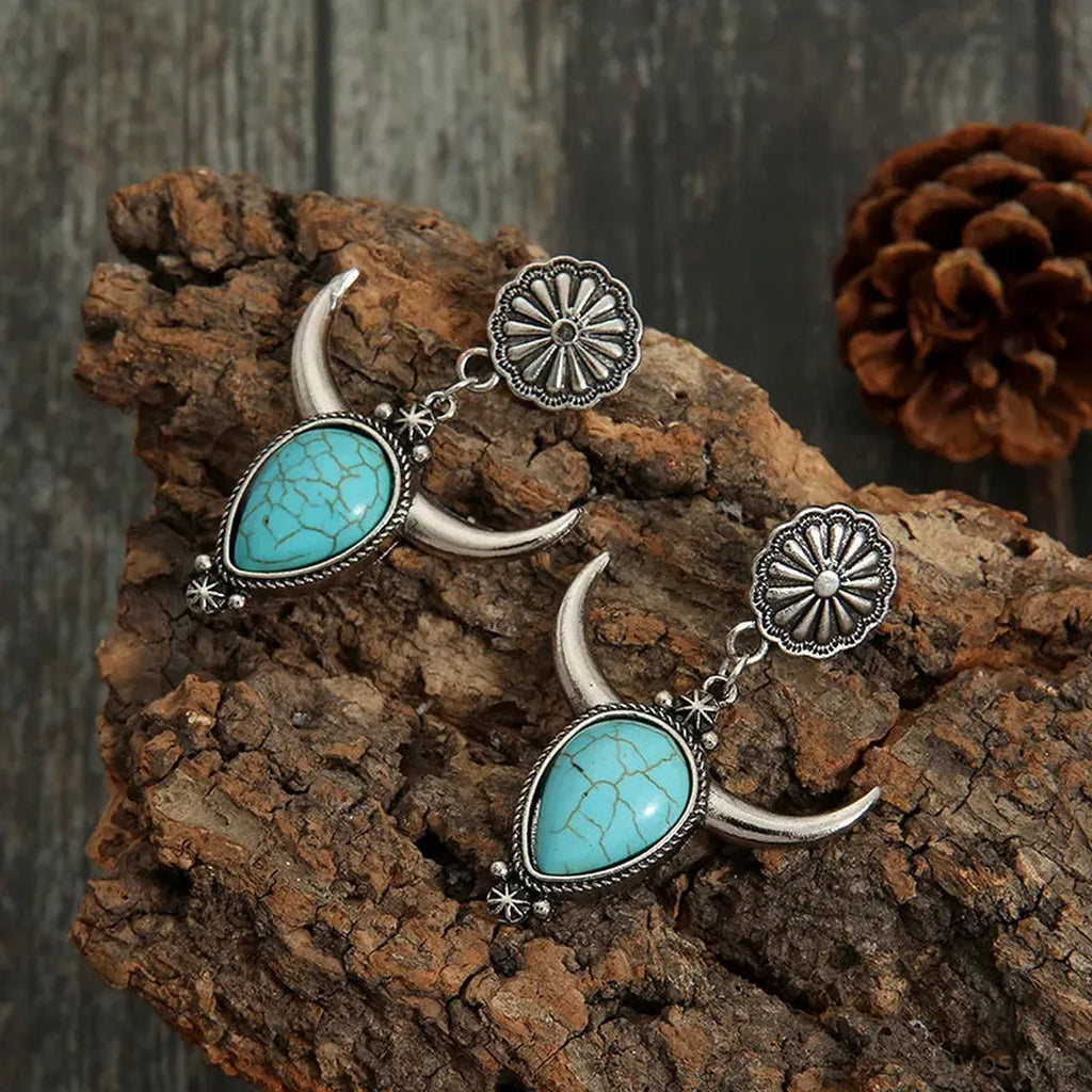 Artificial Turquoise Alloy Cow Head Drop Earrings