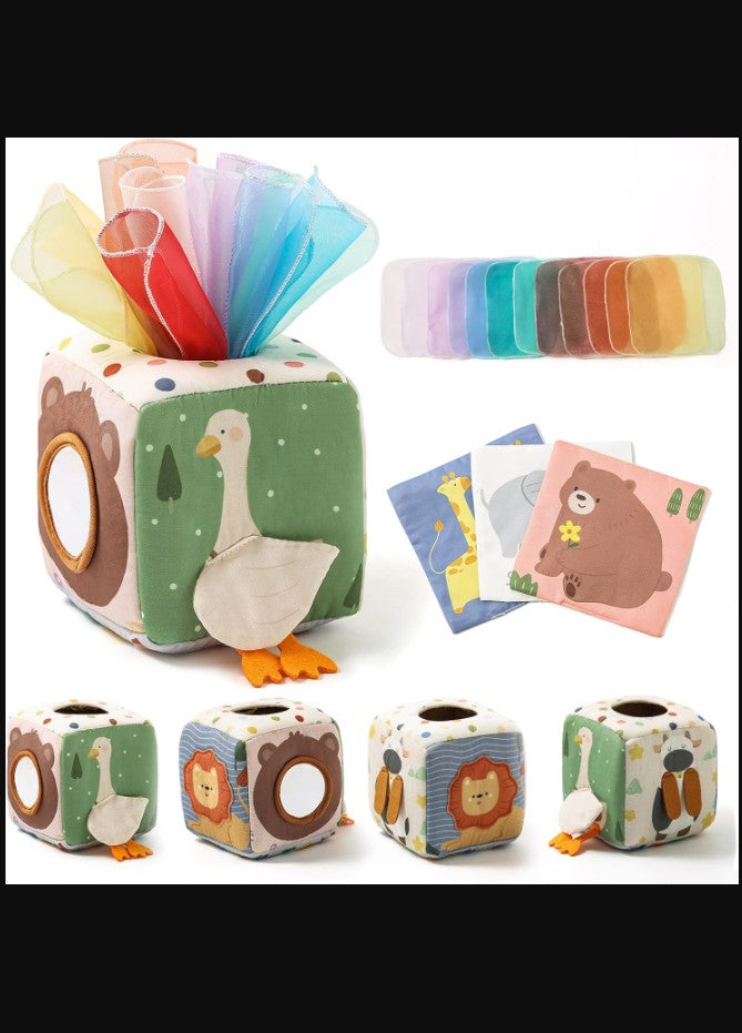 Baby Cloth Tissue Box Sensory Toy, Soft Crinkle Pull Along Activity Cube with Mirror