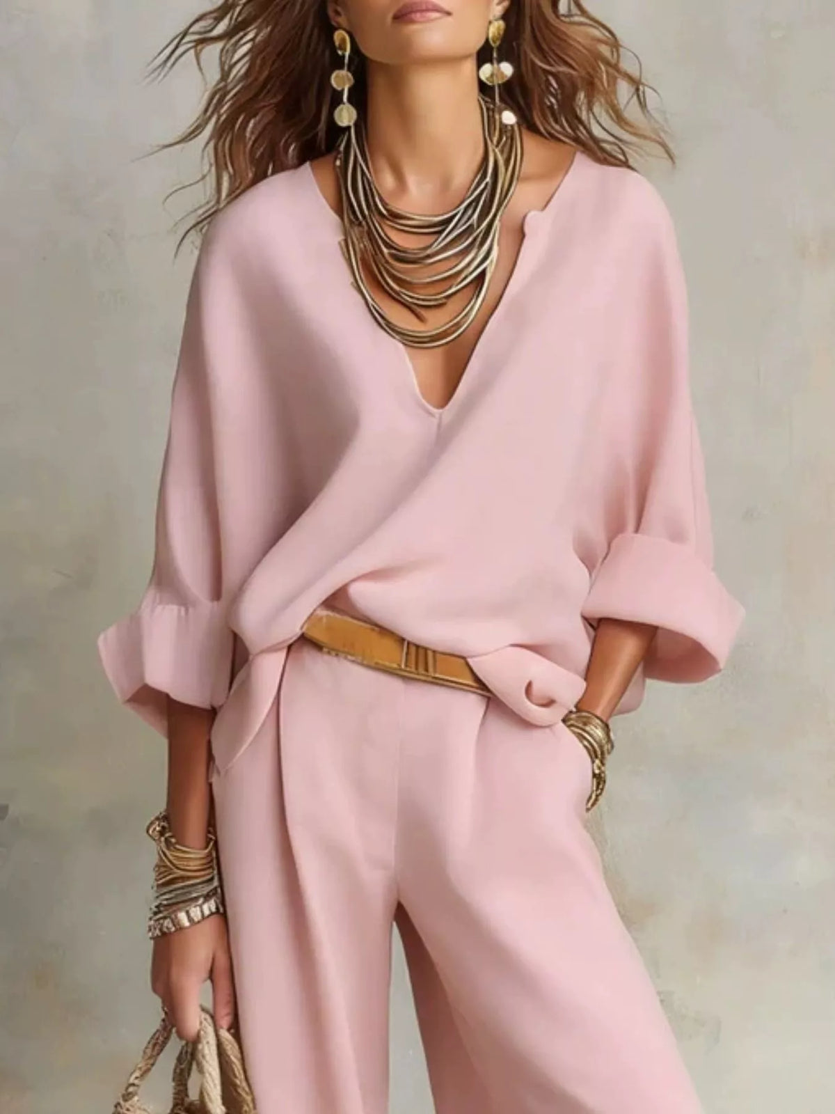 Full Size Loose Fit Top and Wide-Leg Pants Set Plus Size