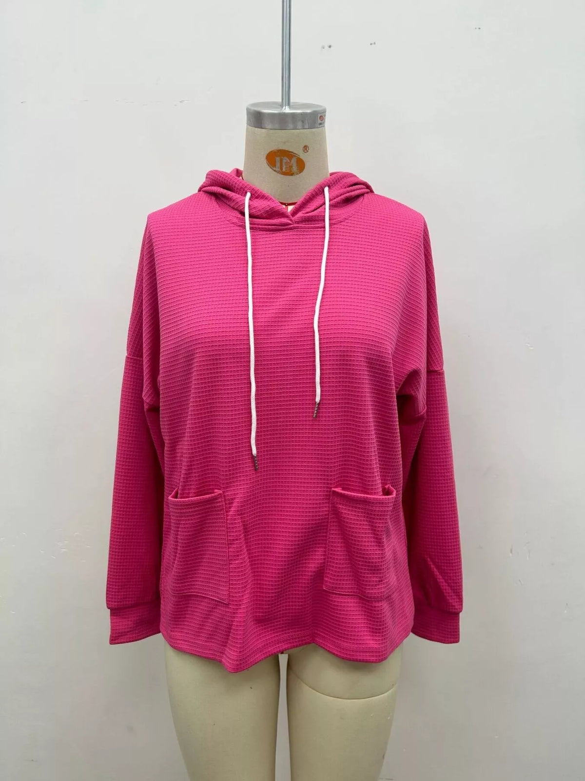 Full Size Waffle Knit Drawstring Long Sleeve Hoodie Plus Size