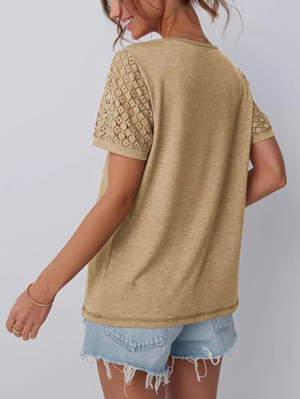 Lace Short Sleeve Round Neck T-Shirt