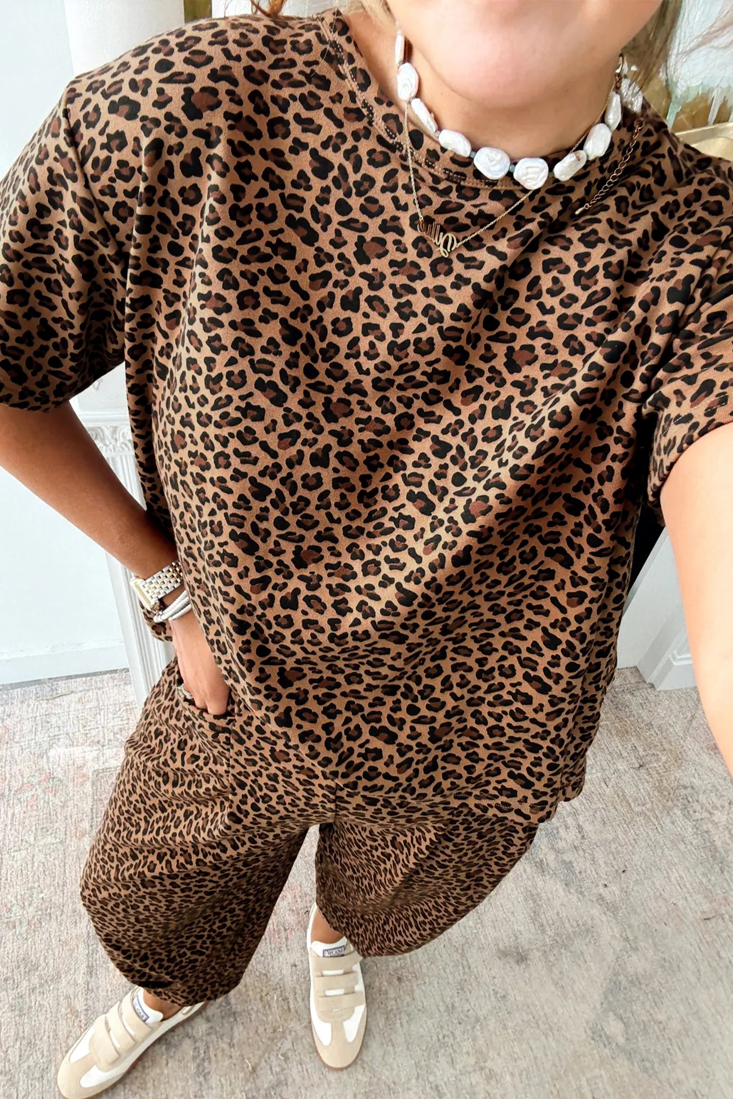 Brown Leopard High-Low Loose Tee Ankle Length Pants Set