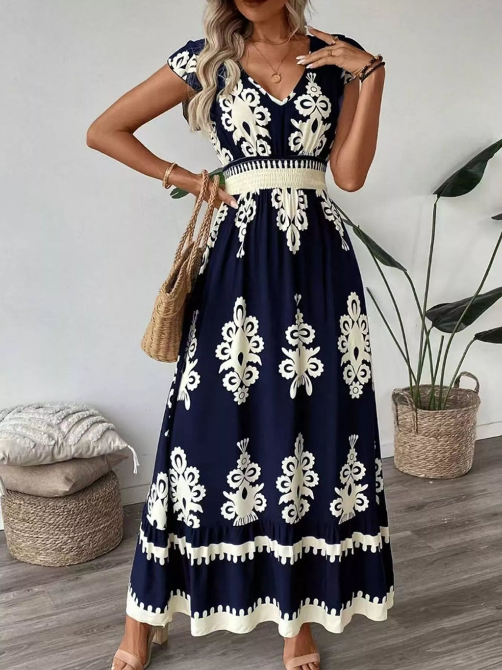 Ruffled Printed V-Neck Maxi Dress