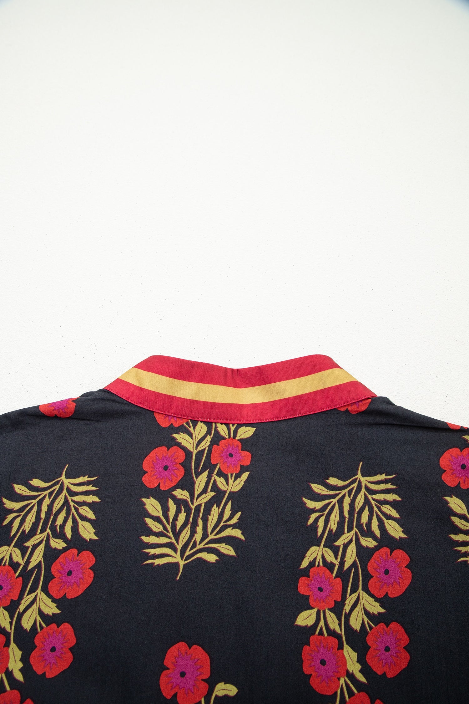 Black Plus Size Floral Print Ricrac Striped Trim Short Sleeve Cotton Blouse