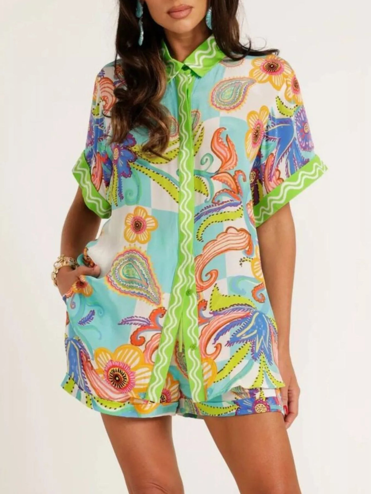 Printed Button-Down Shirt and Shorts Set