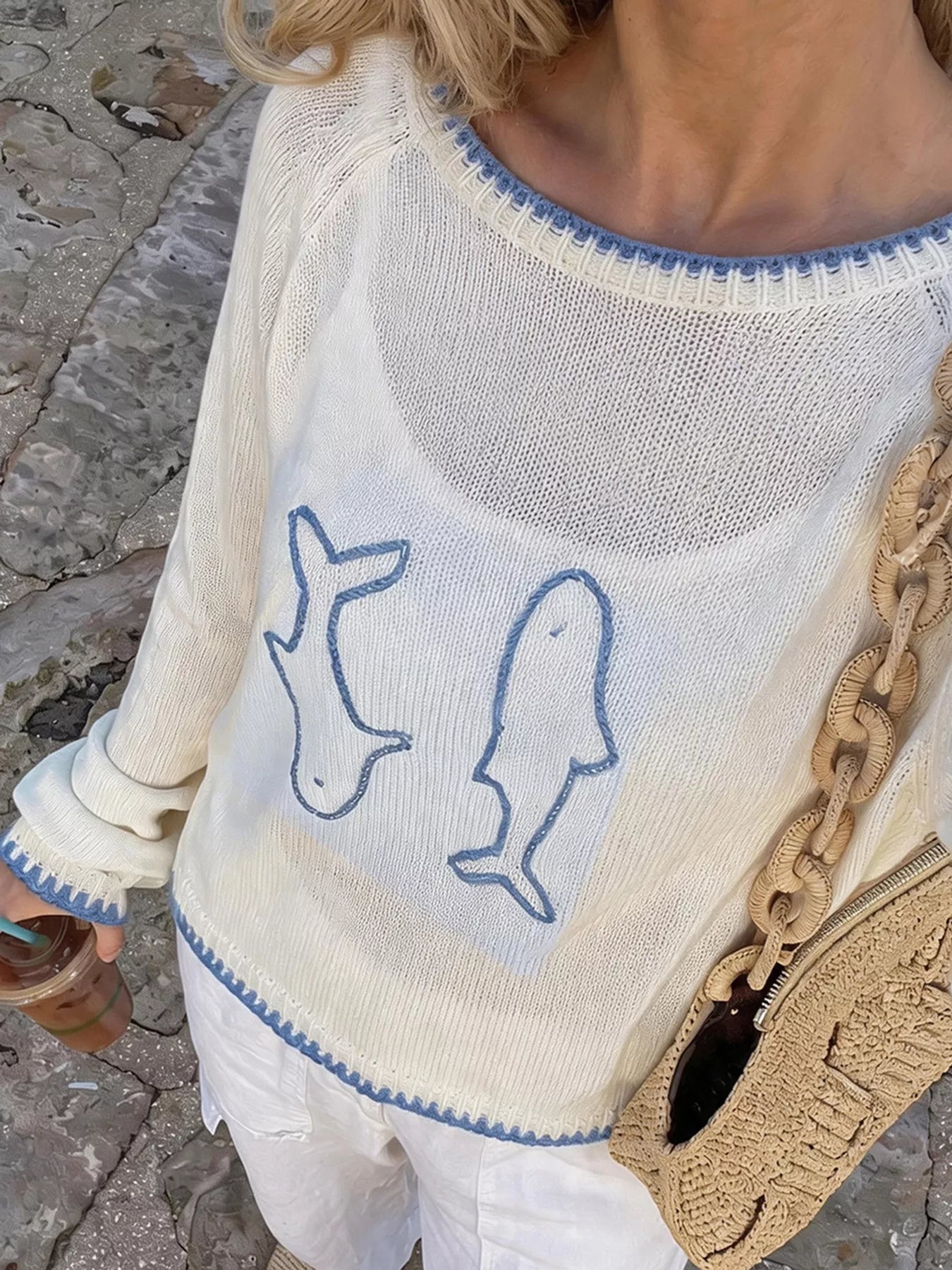 Fish Contrast Trim Knit Top