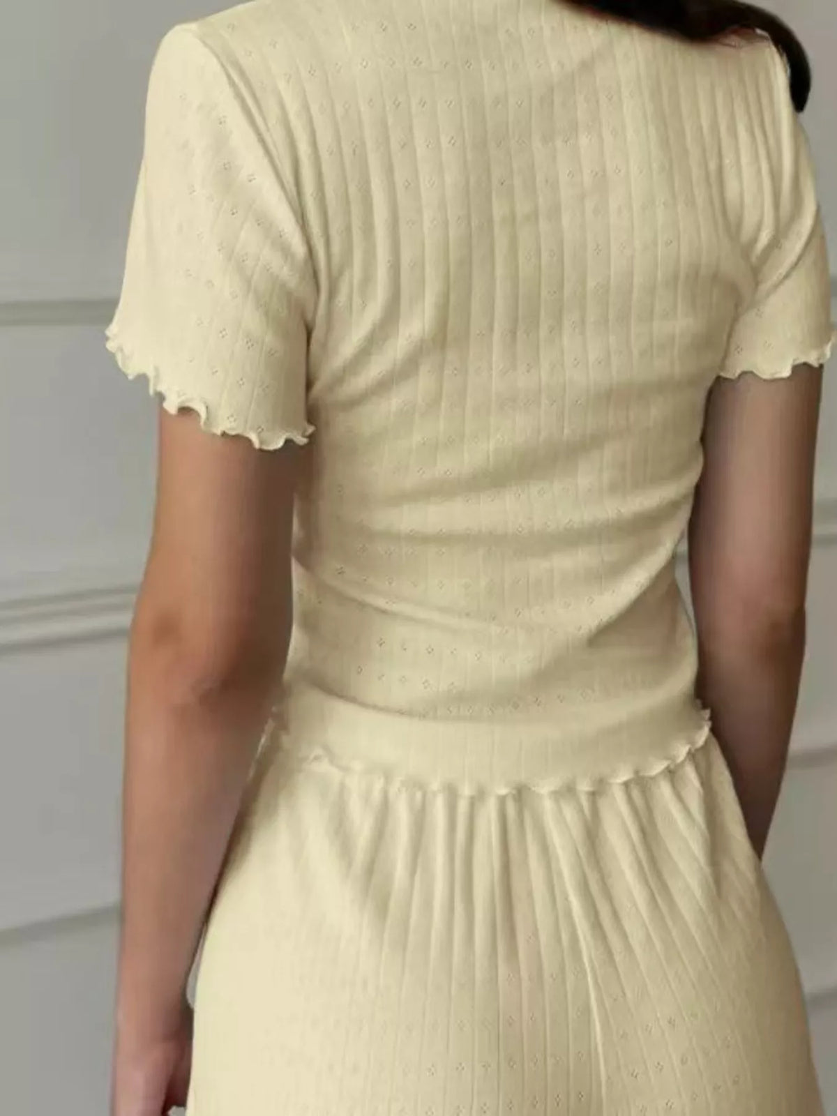 Ribbed Texture Top and Shorts Lounge Set with Lettuce Edge Trim