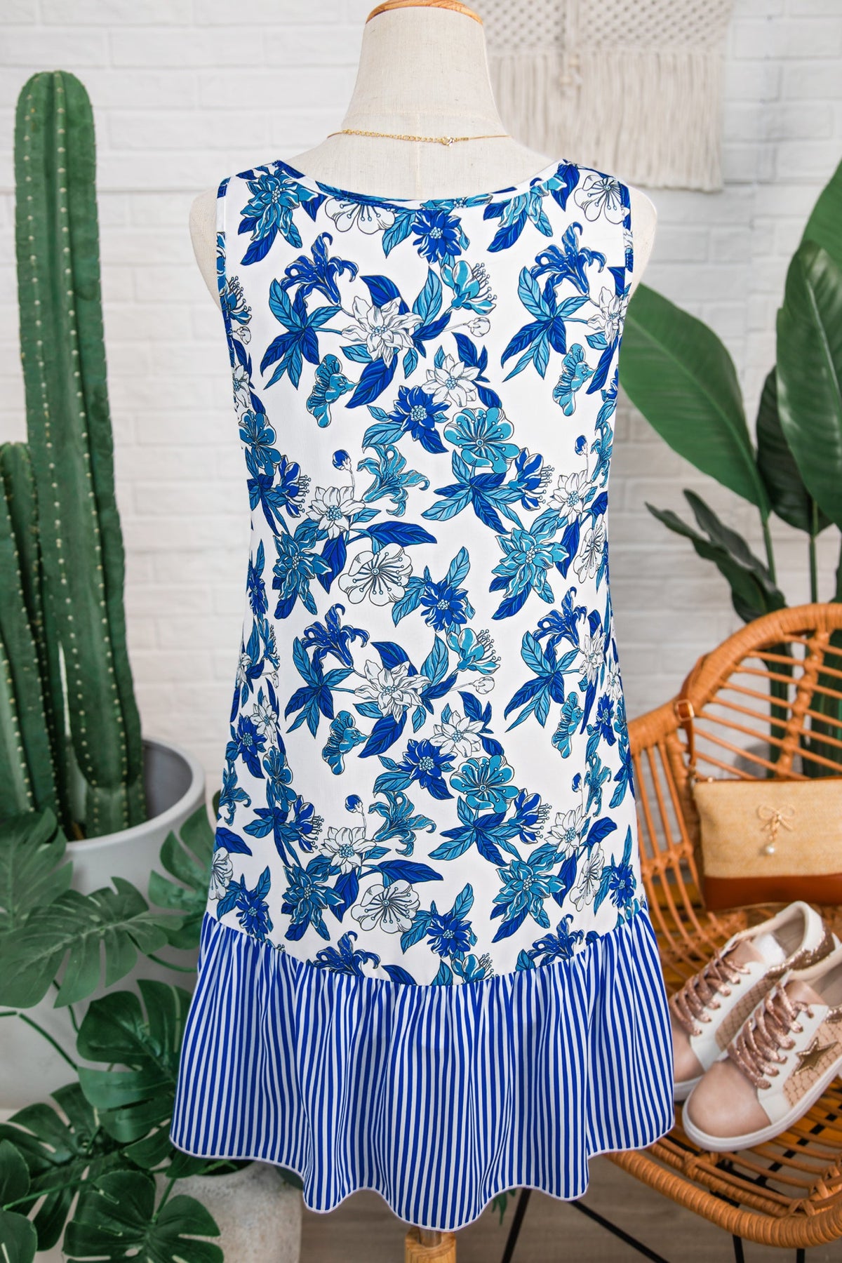 Floral Stripe Patchwork Sleeveless Ruffle Hem Dress