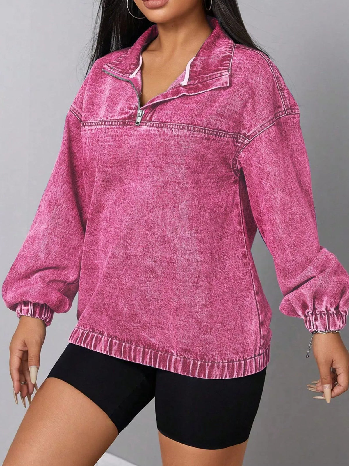 Zip Collar Long Sleeve Denim Top