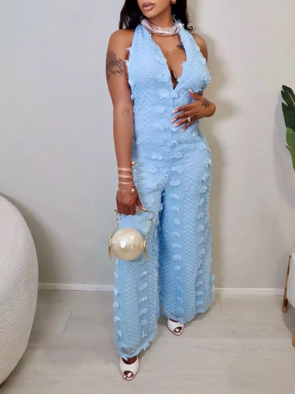 Textured Halter Wide-Leg Jumpsuit