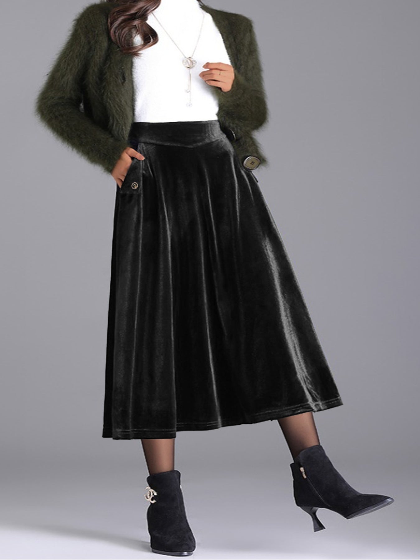 Elegant Velvet A-Line Midi Skirt