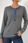 Stripe Denim Contrast Collar Half Button Long Sleeve Top