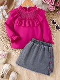 Children's Ruffled Mesh Top and Denim Skirt Set