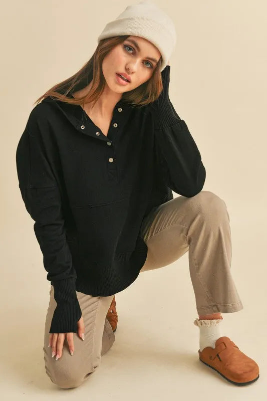 Half Snap Dropped Shoulder Hoodie in 100% Cotton