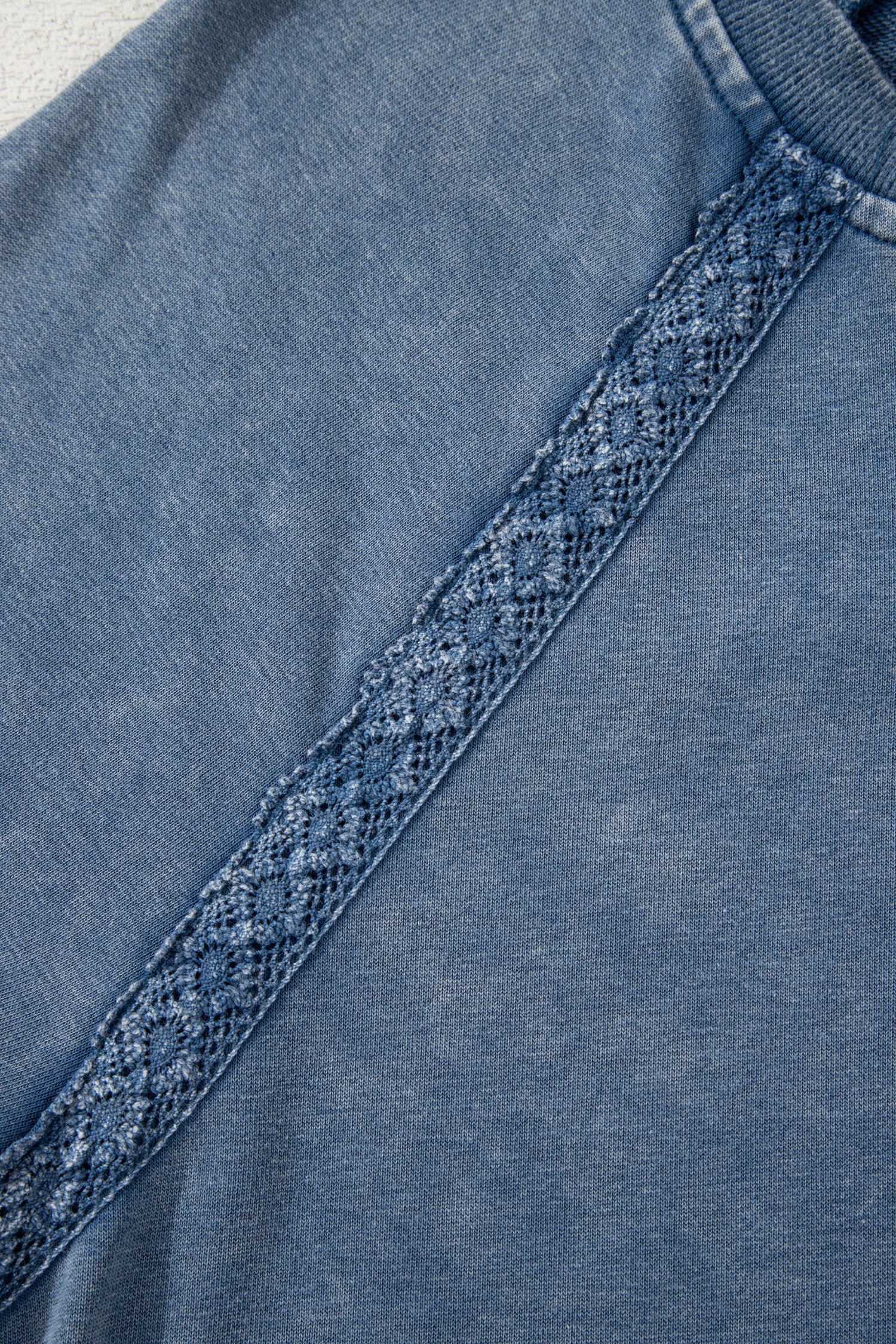 Sail Blue Lace Patchwork Detail Notched Neck Mineral Wash Baggy Sweatshirt