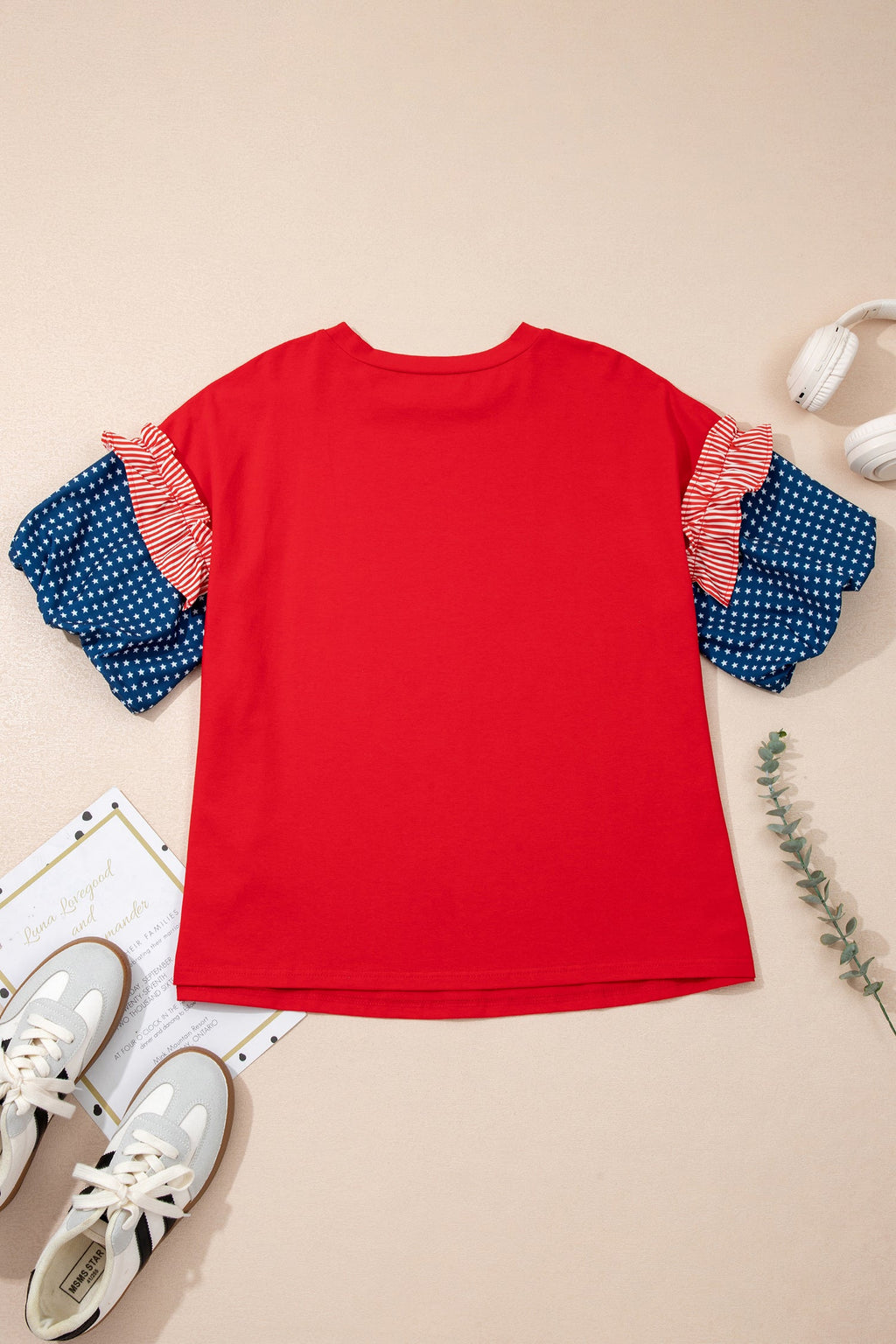 Fiery Red Plus Size Striped Ruffles Star Short Bubble Sleeve Patchwork Top