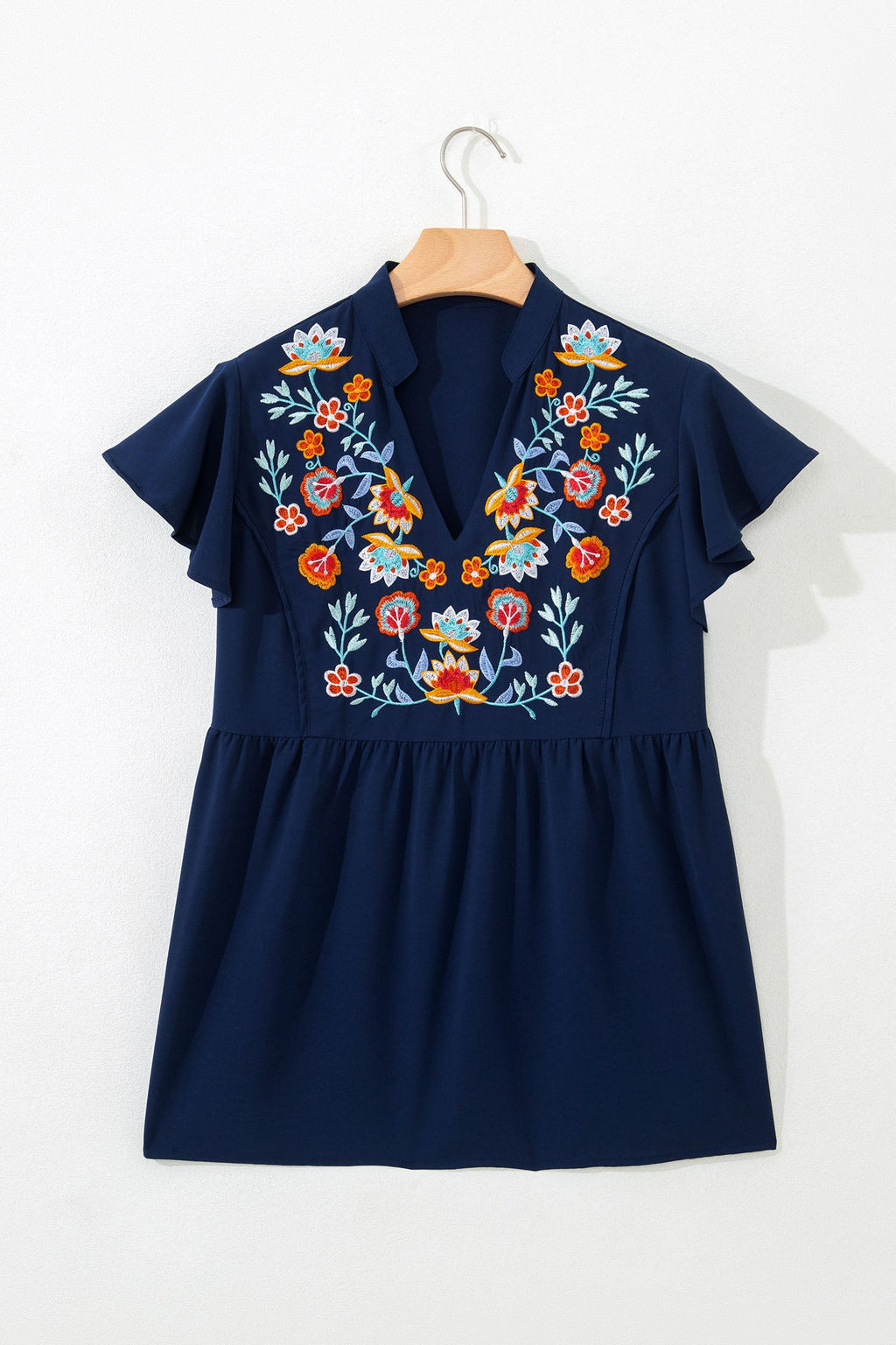 Dirty Blue V Neck Ruffled Sleeve Floral Embroidered Detail Babydoll Blouse