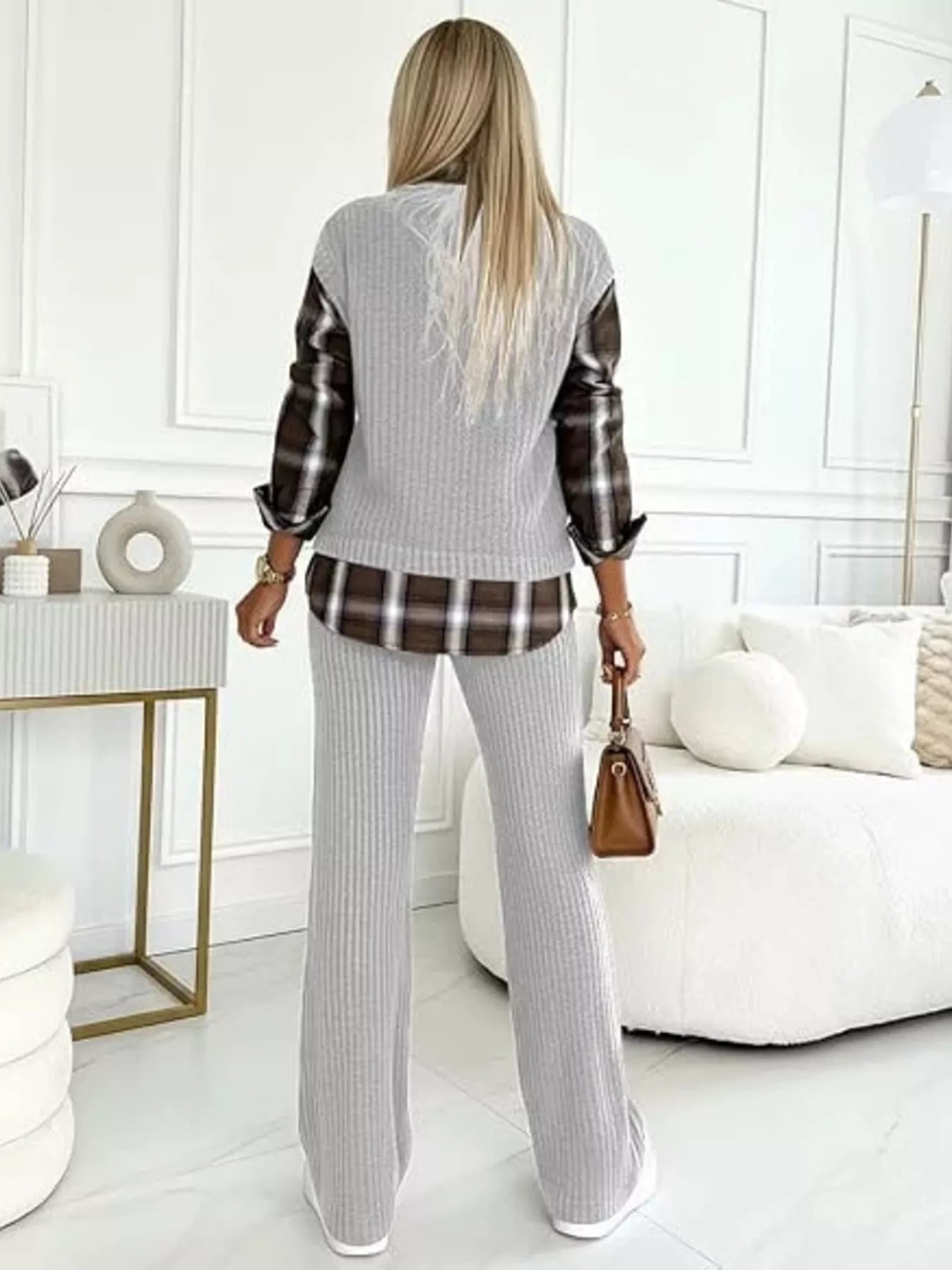 Ribbed Knit Plaid Sleeve Top & Pants Set