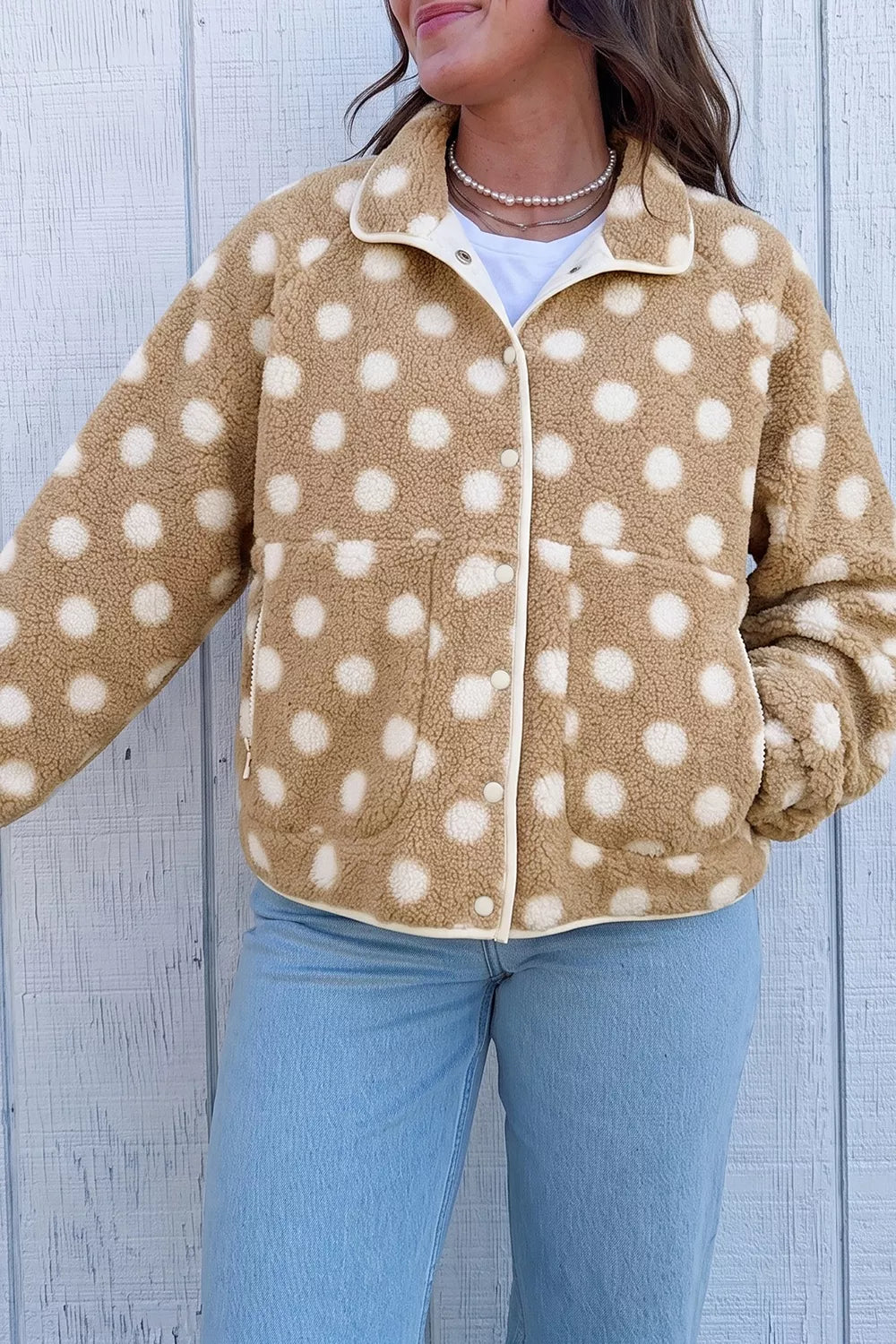 Polka Dot Faux Fur Metal Button Placket Shift Silhouette Jacket