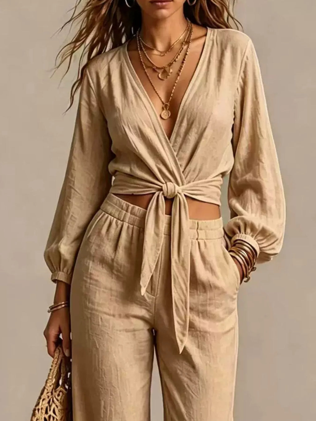 Tie-Front Crop Top and Wide-Leg Pant Set