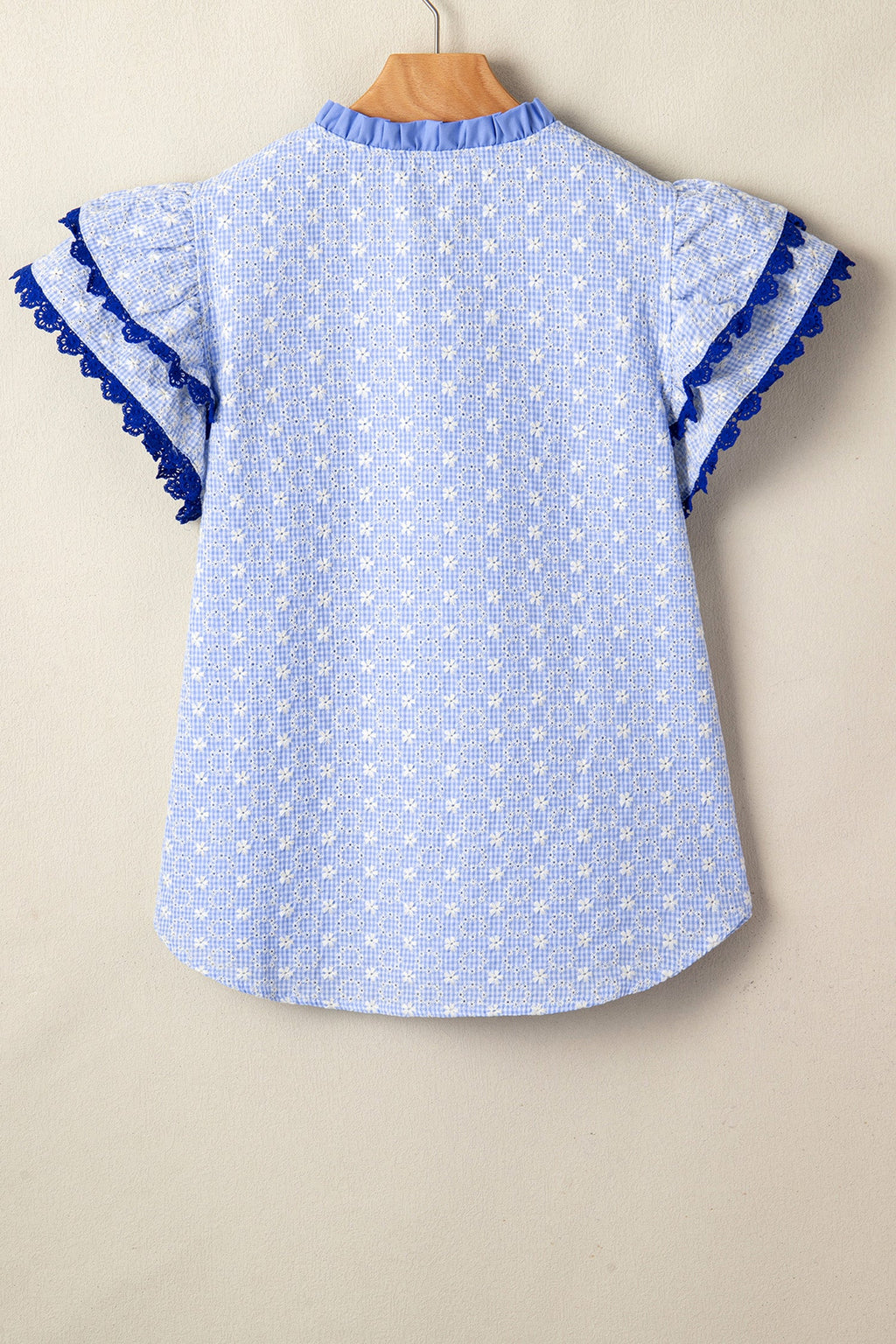 Beau Blue Eyelet Embroidered Flower Texture Contrast Lace Trim Flutter Sleeve Blouse
