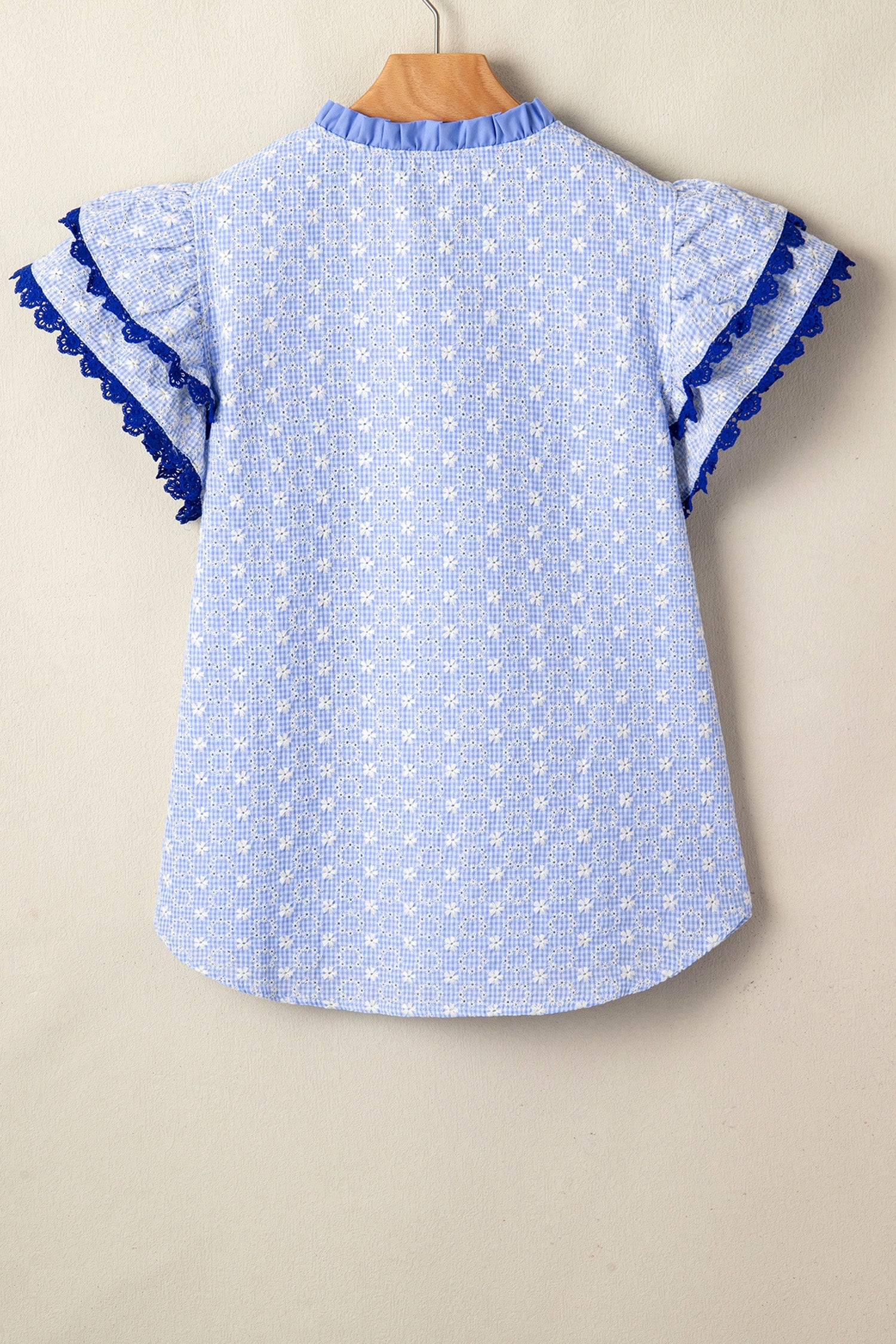 Beau Blue Eyelet Embroidered Flower Texture Contrast Lace Trim Flutter Sleeve Blouse
