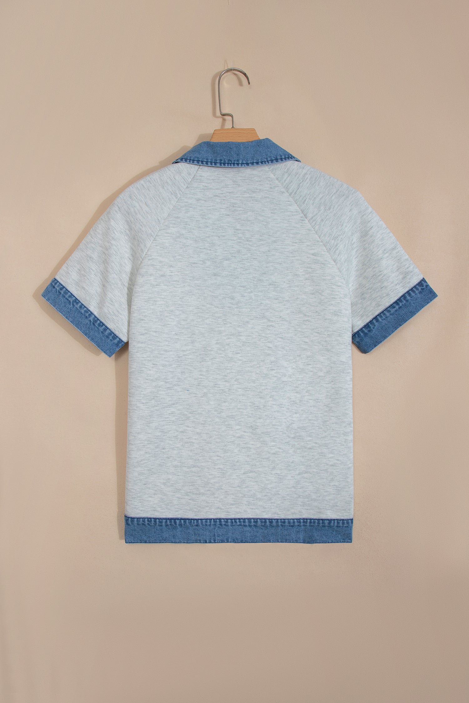 Light Grey Denim Contrast Collar Cuffed Short Sleeve Top
