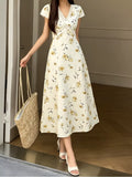Floral V-Neck Midi Dress with Lace Trim