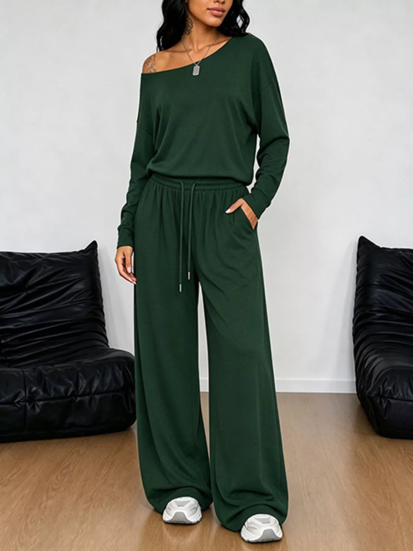 Full Size One-Shoulder Top and Drawstring Pants Set Plus Size