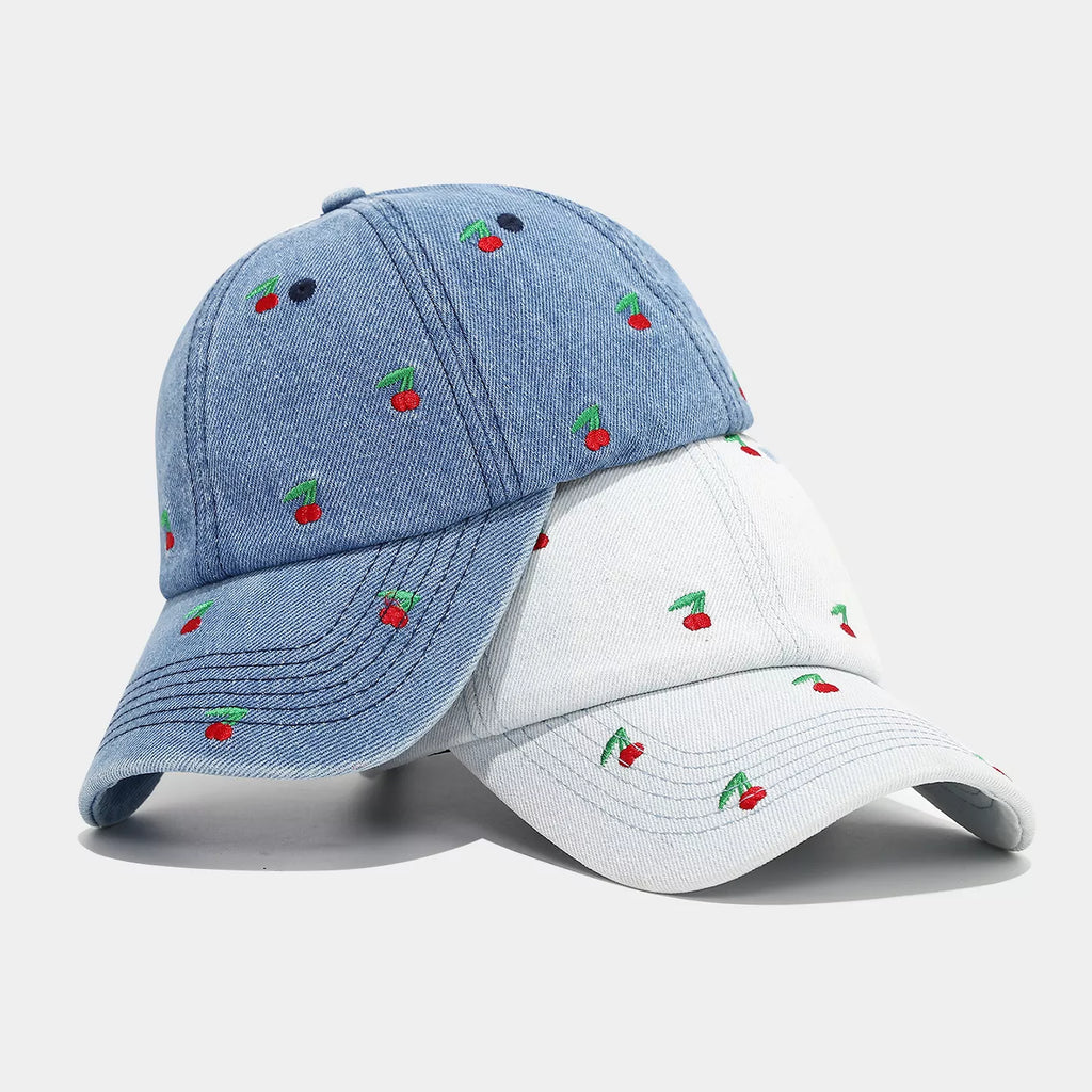 Cherry Embroidered Denim Baseball Cap